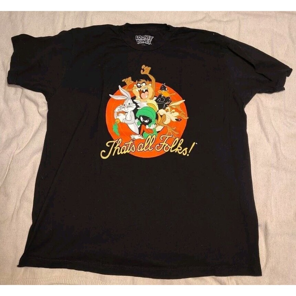 Looney Tunes T Shirt Men XL Black "That's All Folks" Character Tee Short Sleeve